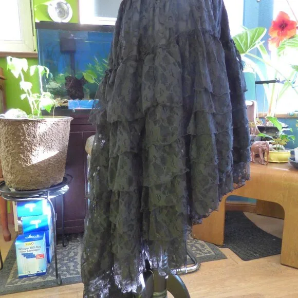 BURLESKA AMELIA SHEER BLACK FLORAL LACE HI LOW GOTHIC SKIRT UK XL / XXL WEDDING